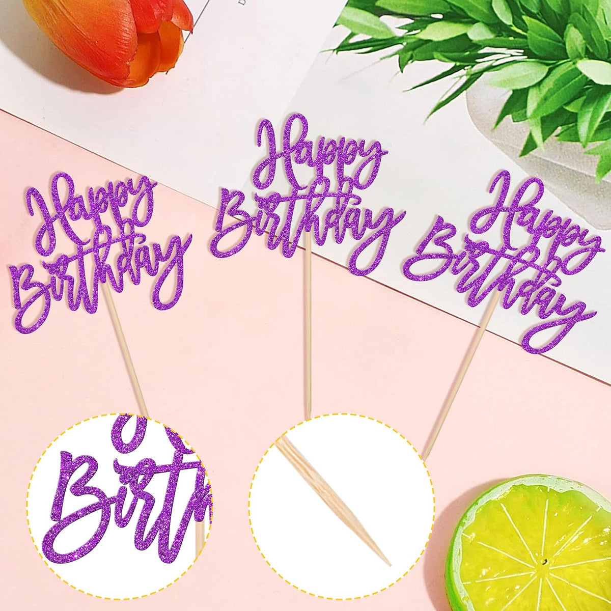 24 PCS Glitter Happy Birthday Cupcake Toppers - Purple Cupcake Picks for Celebrating Anniversary