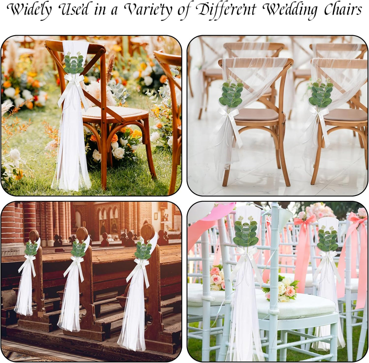 26 Sets of Wedding Aisle Decorations, White Tulle Chair Sashes with Bow Ribbons and Artificial