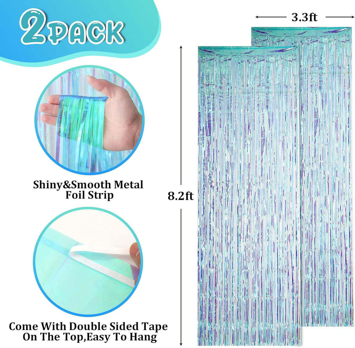 2 Pack 3.3x8.2 Feet Neon Iridescent Foil Fringe Backdrop Curtains, Tinsel Streamers Birthday Party