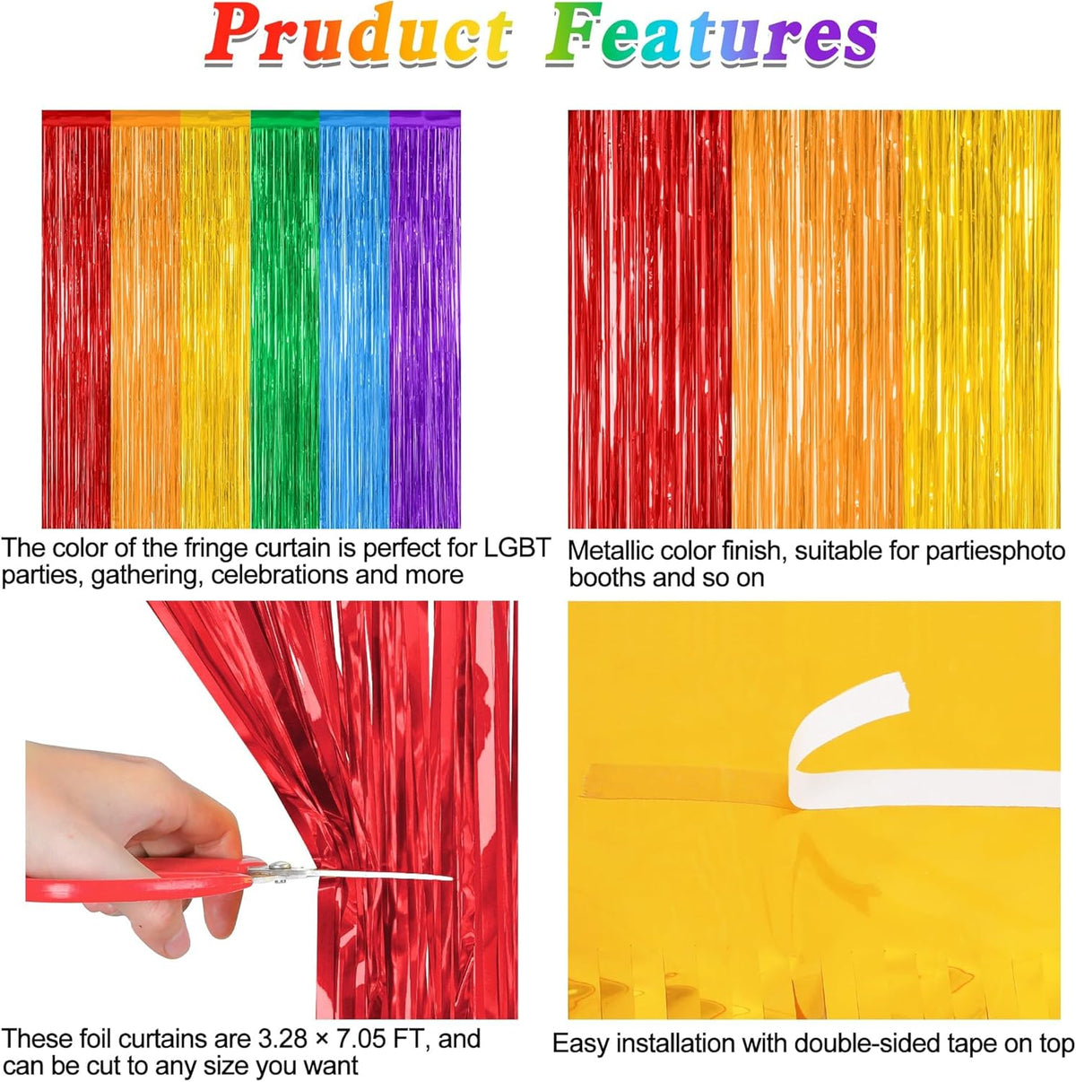 8 Pack Rainbow Backdrop, 3.28 FT x 7.05 FT Backdrop Curtains, Metallic Fringe Curtains Tinsel