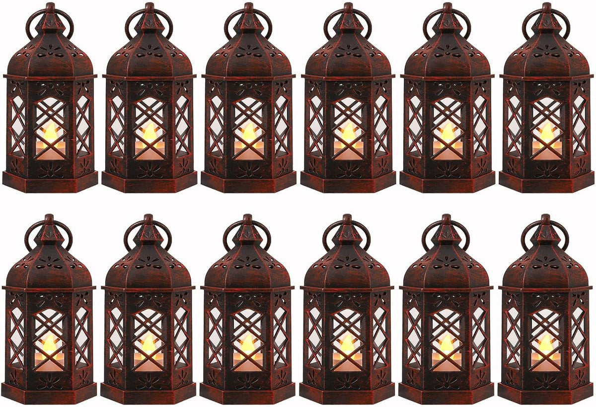 LLQ 12PCS Brushed Red Mini Lantern with LED Tealight for Halloween Decorations, Small Moroccan