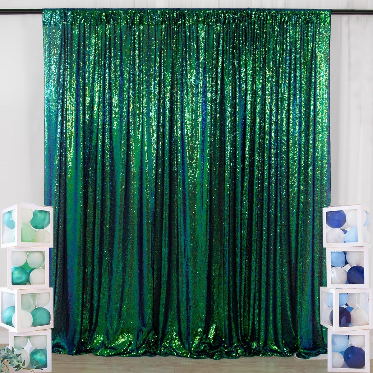 ShinyBeauty Iridescent Green Sequin Backdrop 10FTx10FT Photo Backdrops Green Blue Curtains 10FT