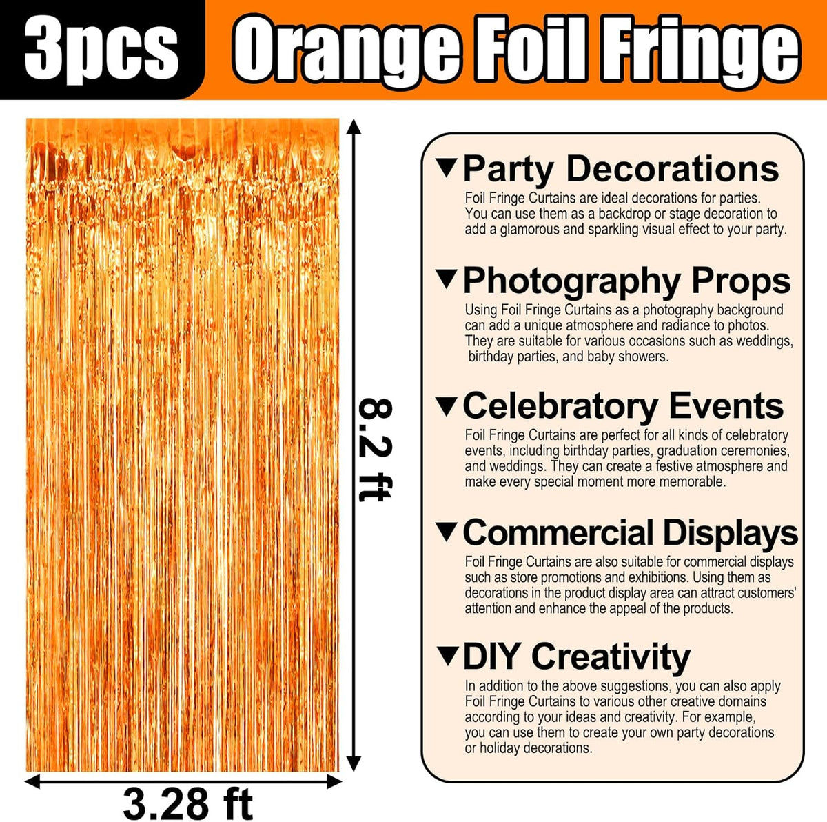 3 Pack Orange Foil Fringe Curtain Backdrop, 3.28Ft x 8.2Ft Metallic Tinsel Foil Fringe Streamer