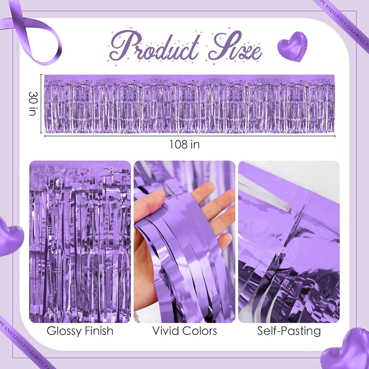 4 Pack Light Purple Table Skirts, 29x108" Metallic Foil Tinsel Fringe Table Skirts for Rectangle