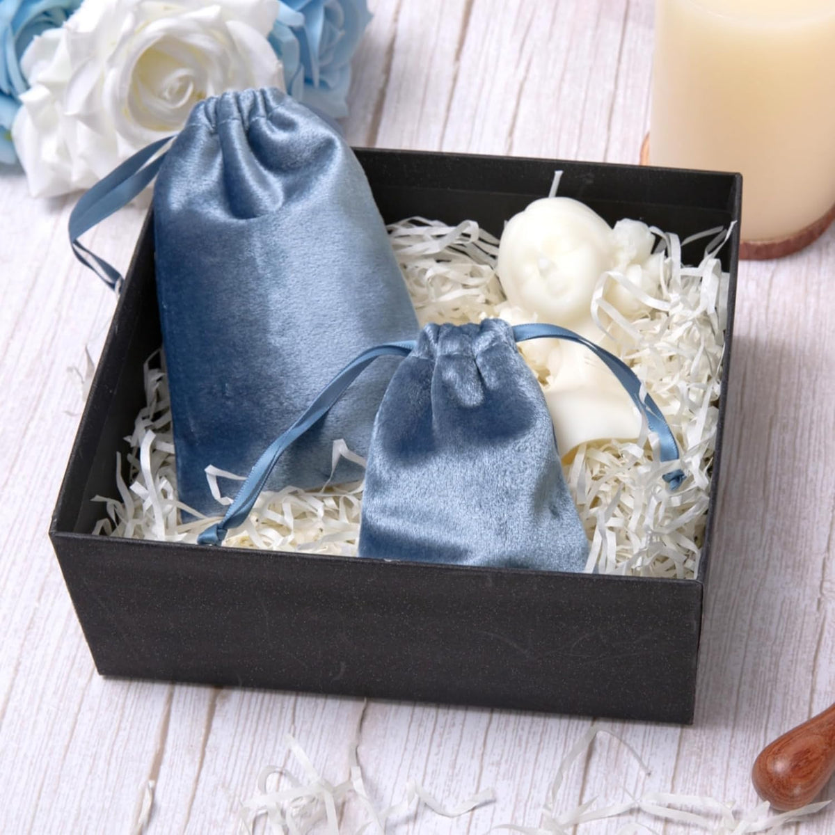 QIANF 12pcs Dusty Blue Velvet Drawstring Bags 3x4 inches Glossy Small Velvet Cloth Gift Bags