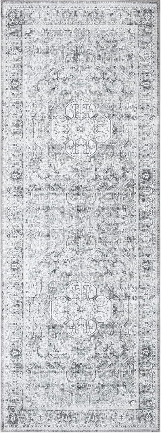 Bloom Rugs Washable Non-Slip 7 ft Runner - Gray/Charcoal Traditional Medallion Runner for Entryway