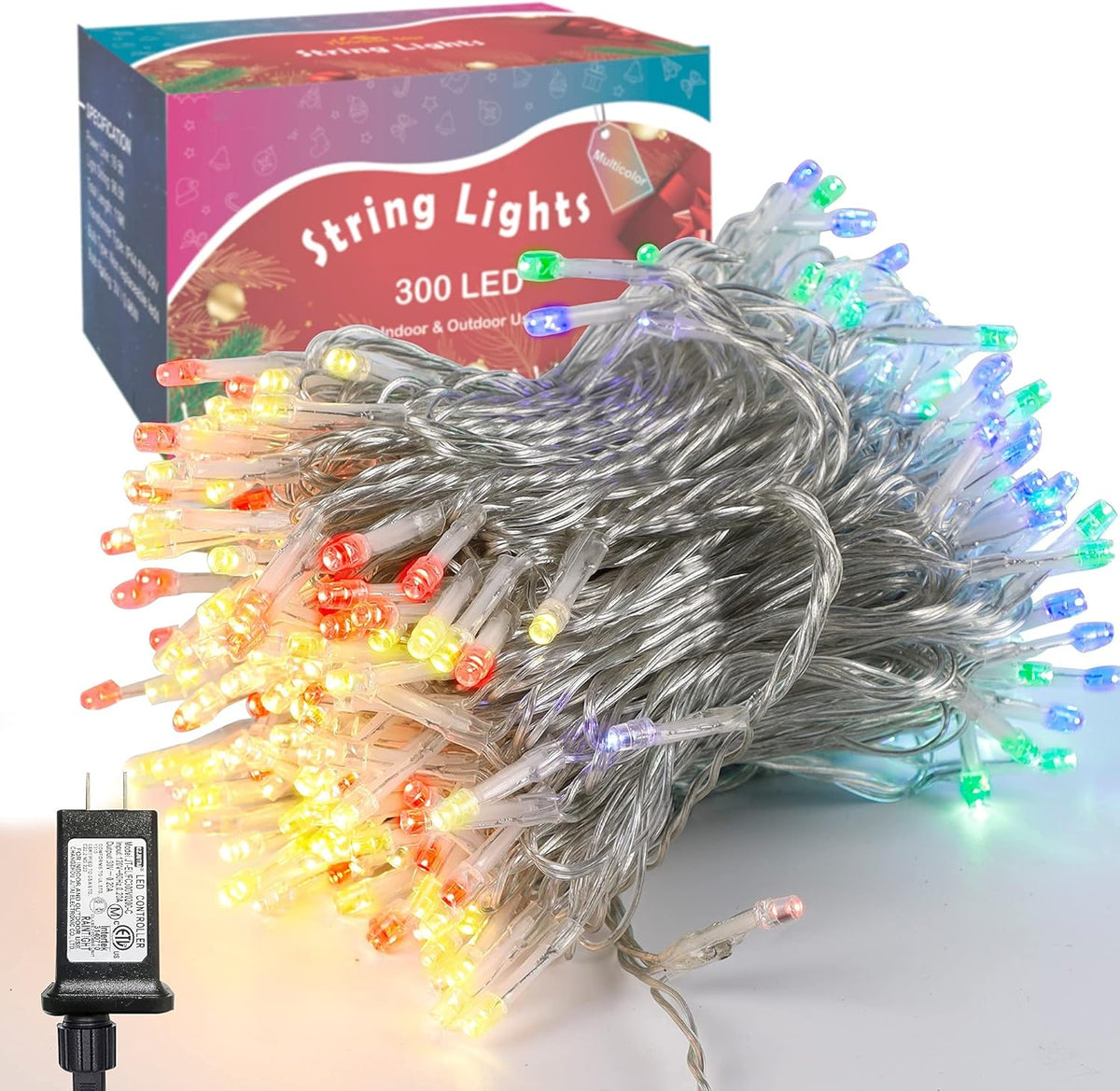 LJLNION 300 LED String Lights Outdoor Indoor, Extra Long 98.5FT Christmas Lights, 8 Lighting Modes