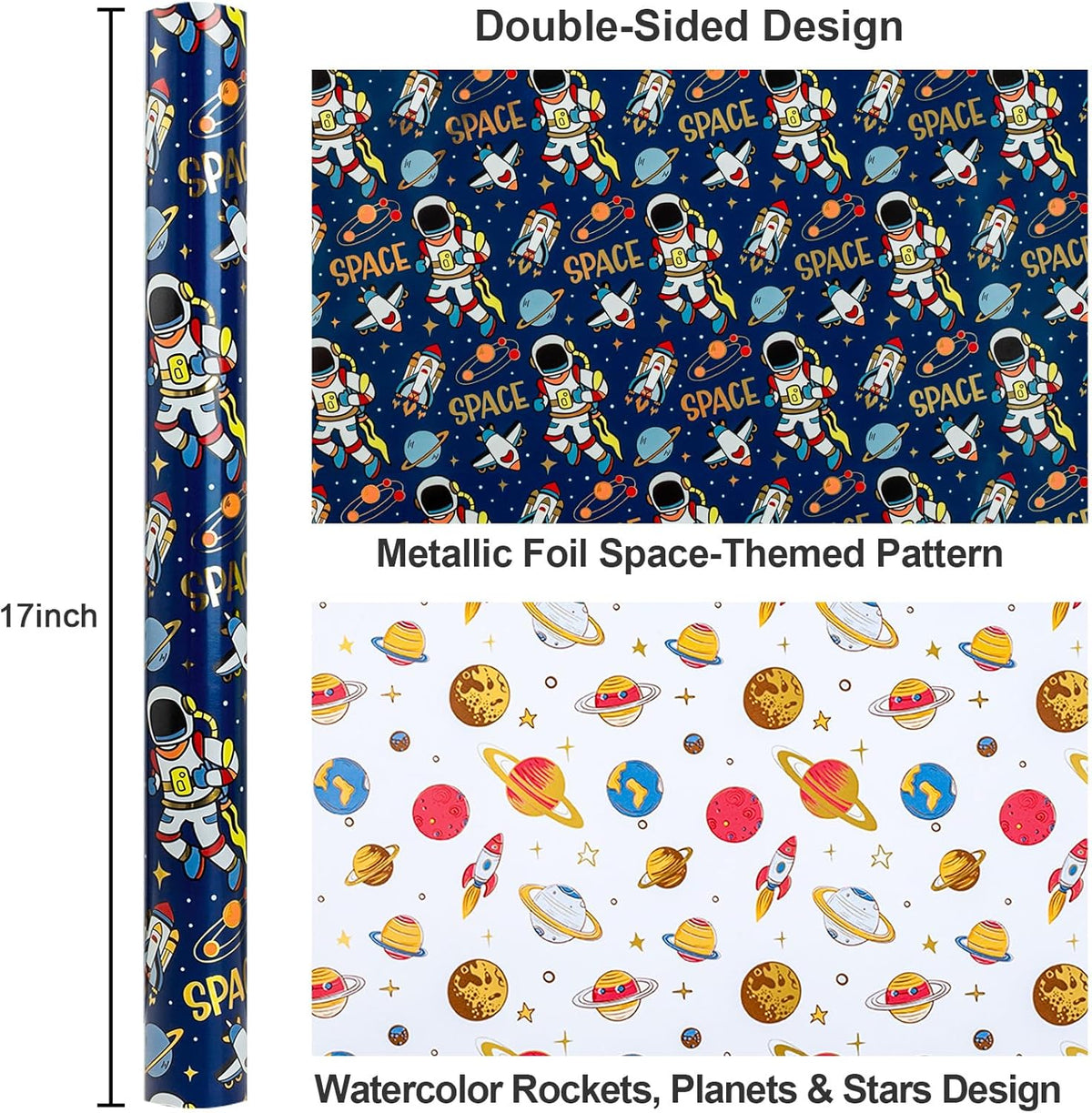 Yarcony Space Wrapping Paper Roll, Birthday Wrapping Paper for Boys, Navy Blue Astronaut Gift Wrap