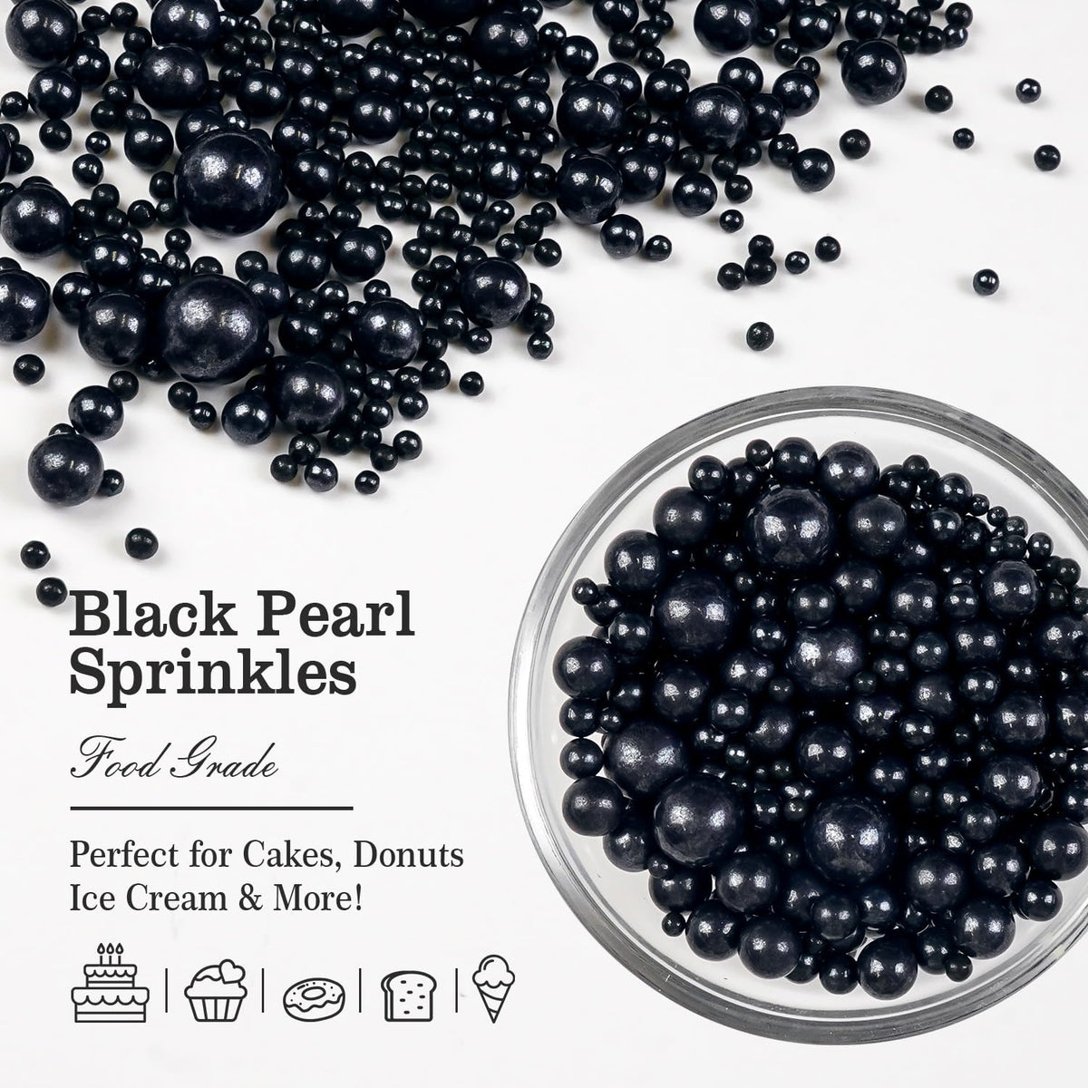 Black Pearl Sugar Sprinkles, Edible Black Sprinkles for Cake Decorating, 150g/5.29oz, Baking Cake
