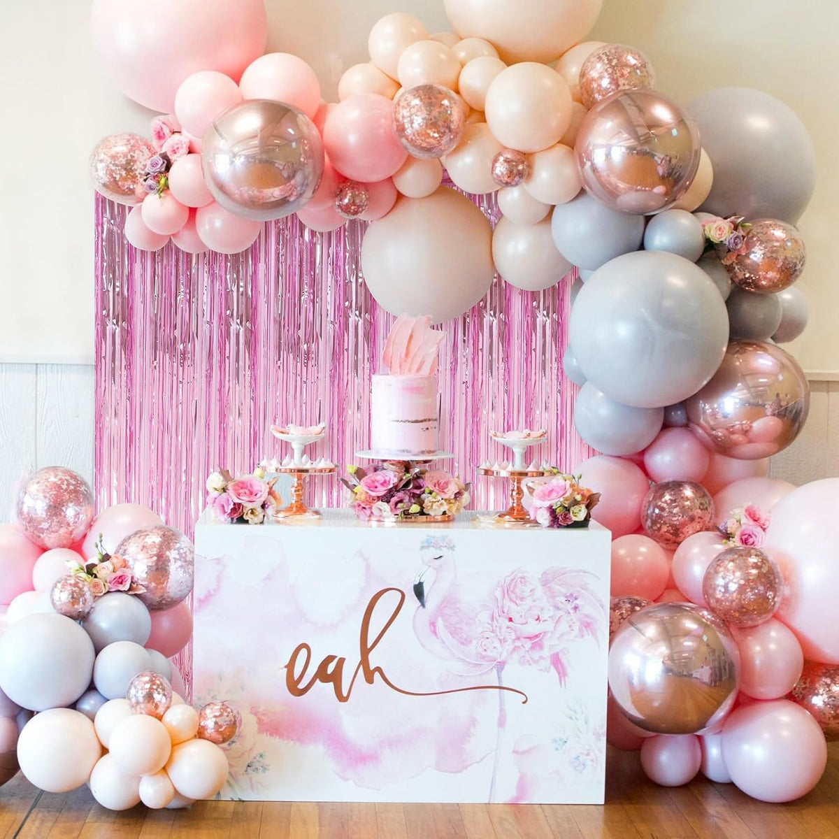 4 Pack Pink Foil Fringe Curtains Door Streamers Party Decorations 3.3 x 8.2 ft, Pink Tinsel Curtain