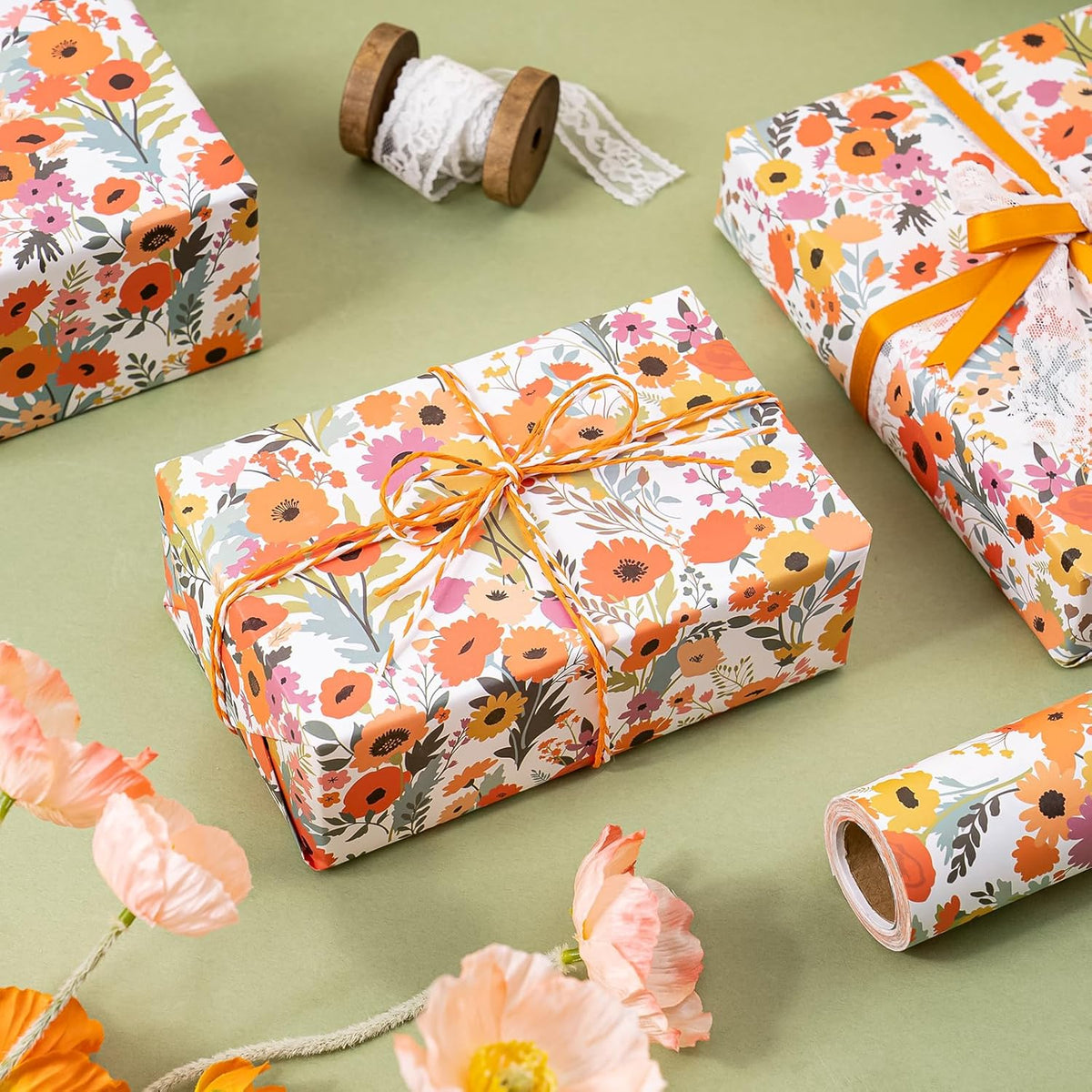 WRAPAHOLIC Kraft Floral Wrapping Paper Roll - Mini Roll - 17 Inch x 33 Feet - Bright Summer Flower