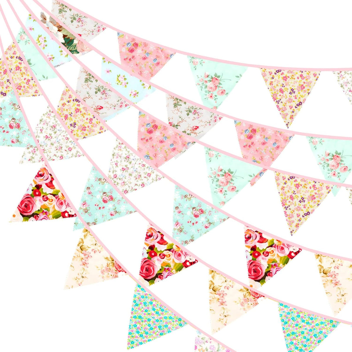 jijAcraft 39Ft Triangle Bunting Banner, 42Pcs Tea Floral Party Bunting Cotton Fabric Flags Pennant