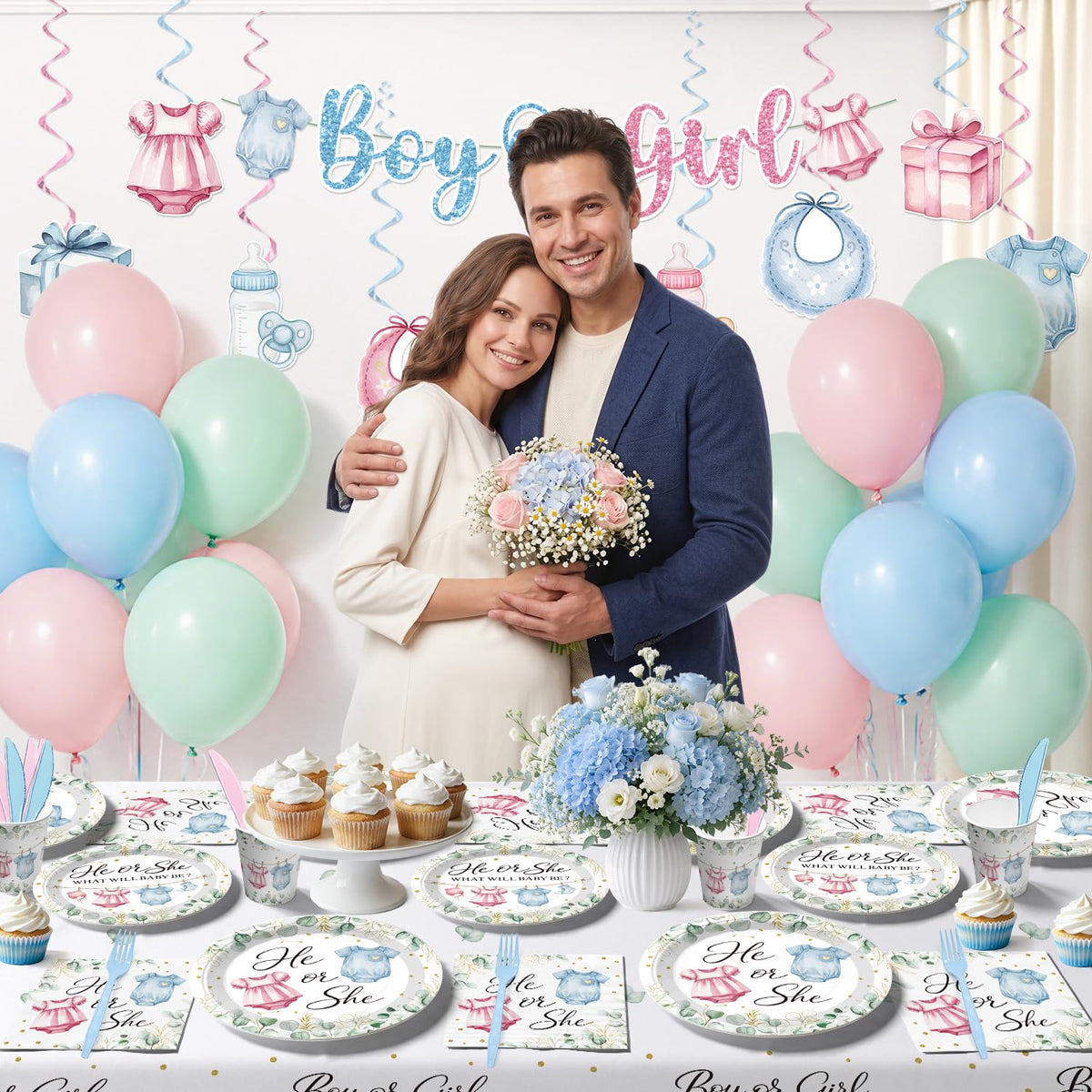 Yingoto 215PCS He or She Gender Reveal Decorations Serves 25