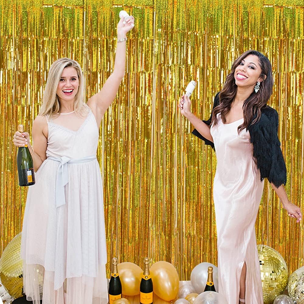 TONIFUL 3Pcs Laser Gold Door Streamers, Metallic Foil Fringe Curtains for Birthday, Christmas, New