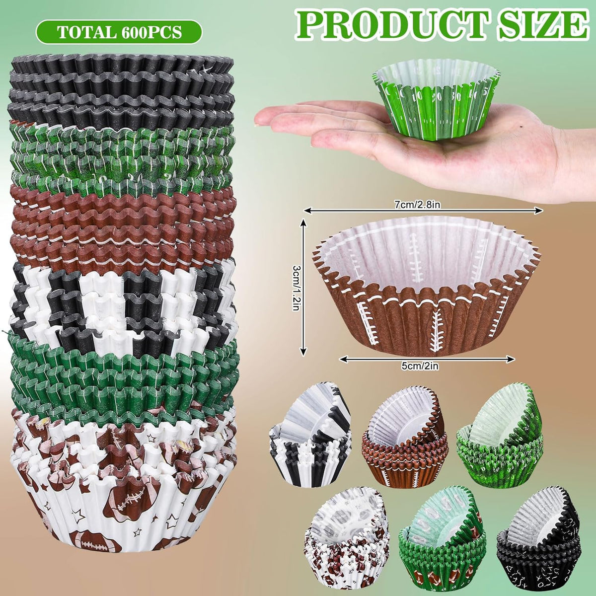 Whaline 600Pcs Football Cupcake Liners 6 Styles Rugby Cupcake Wrappers Baking Cups Holders Sports