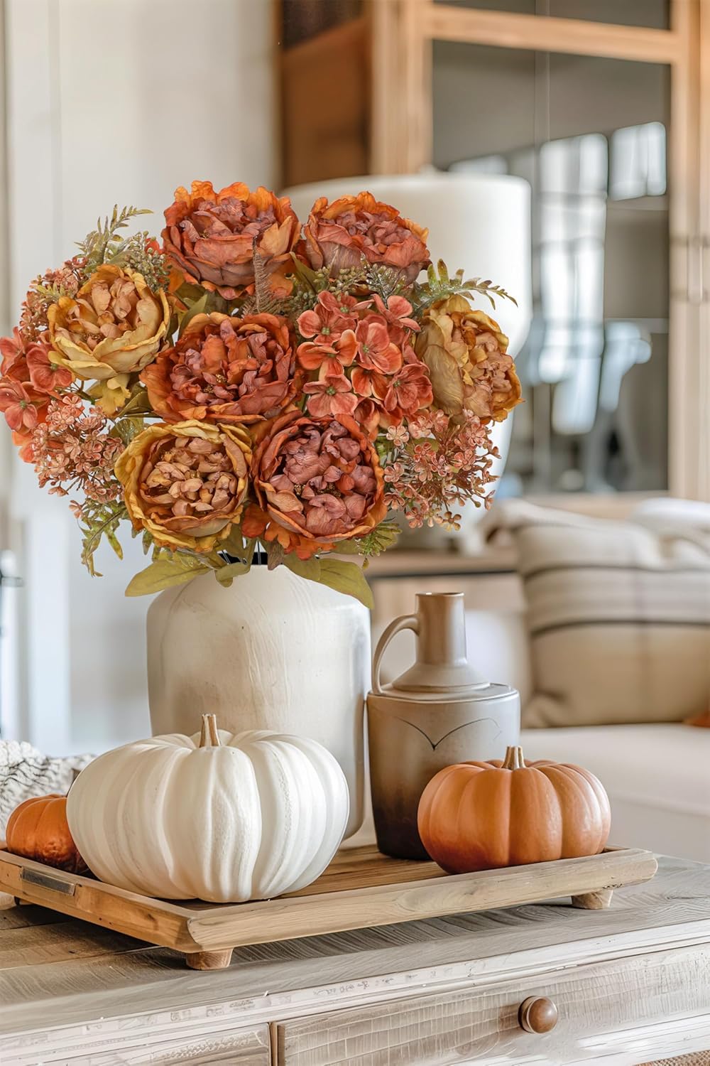 Hollyone 2Pcs Artificial Fall Flowers Bouquet 18.8" Burnt Orange Dried Peony Hydrangea Fake Fall