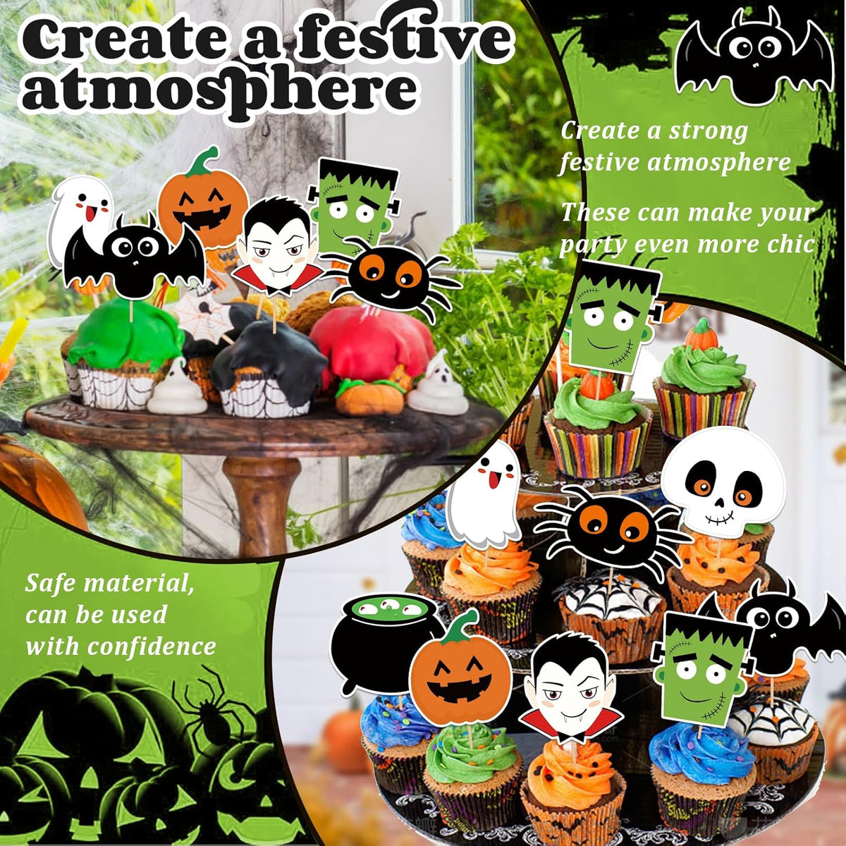 24 PCS Halloween Happy Birthday Cupcake Toppers Halloween Party Decorations Cake Decor Cupcake