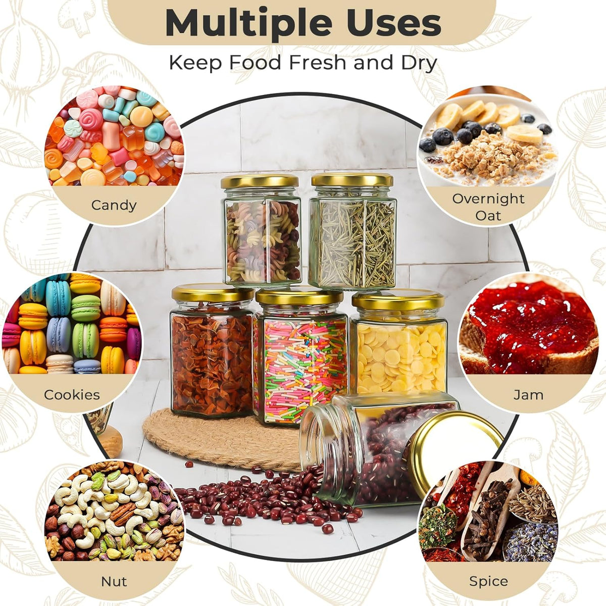 9 oz Hexagon Glass Jars with Gold Lids, 20 Pcs Canning Jars for Jam, Honey, Jelly, Candy, Candle