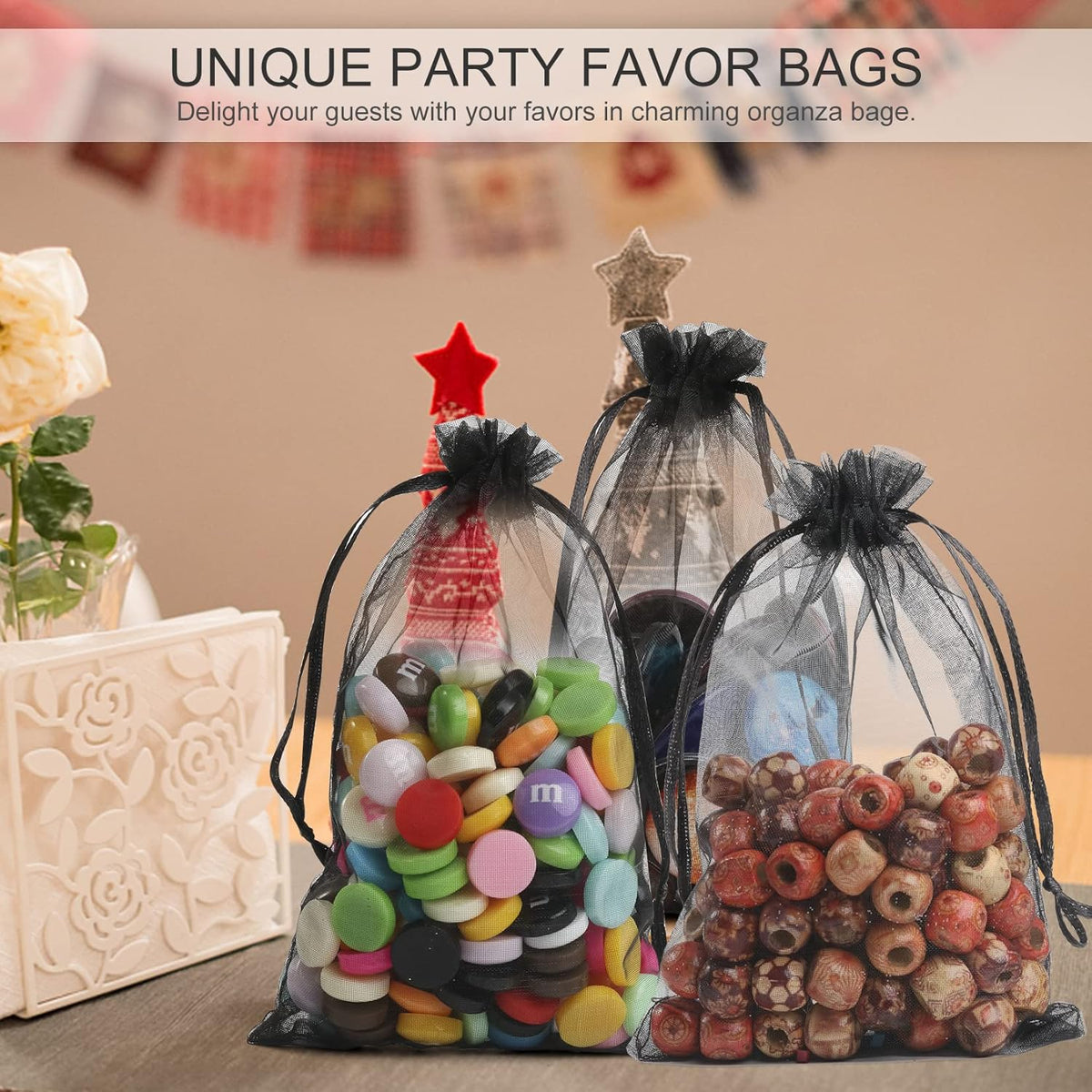 ANZNKU 100 Pack Premium Organza Bags, Black Drawstring Wedding Favor, 4x6 Inches Small Mesh for