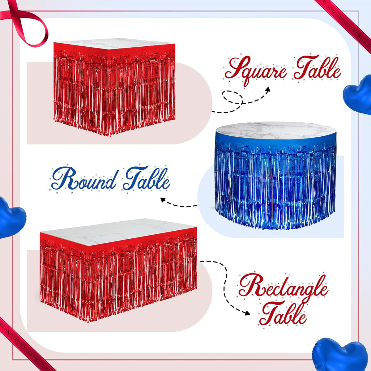 2 Pack Red Dark Blue Table Skirts, 29x108" Metallic Foil Tinsel Fringe Table Skirt for Rectangle