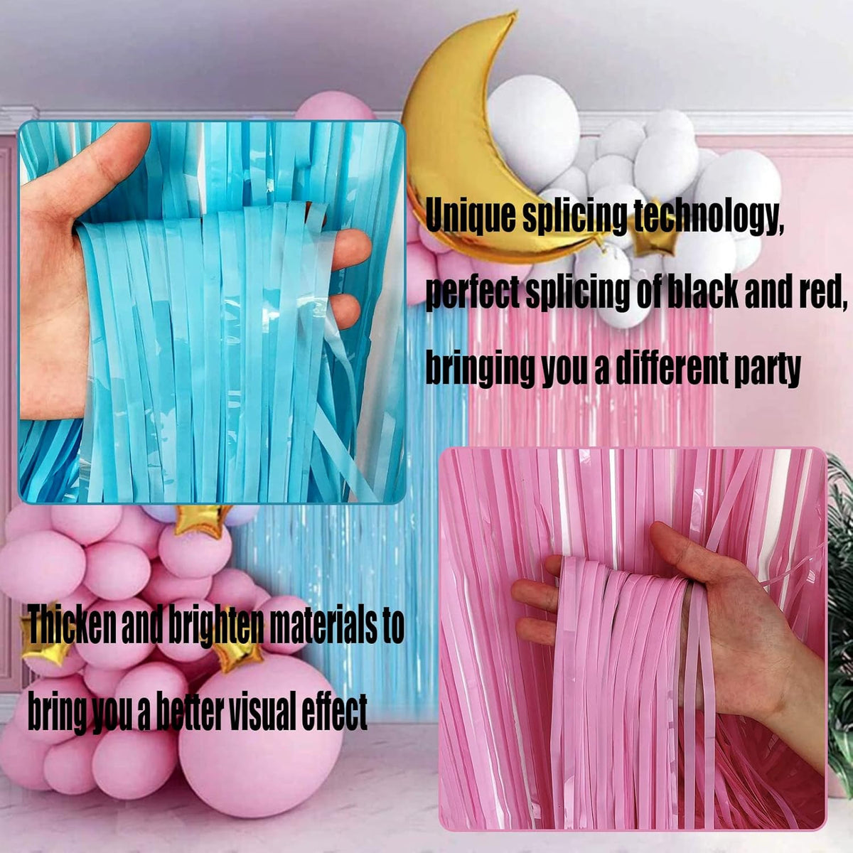 4 Pack Macaron Pink Blue Foil Fringe Curtain Backdrop, 3.28Ft x 9.8Ft Metallic Tinsel Foil Fringe