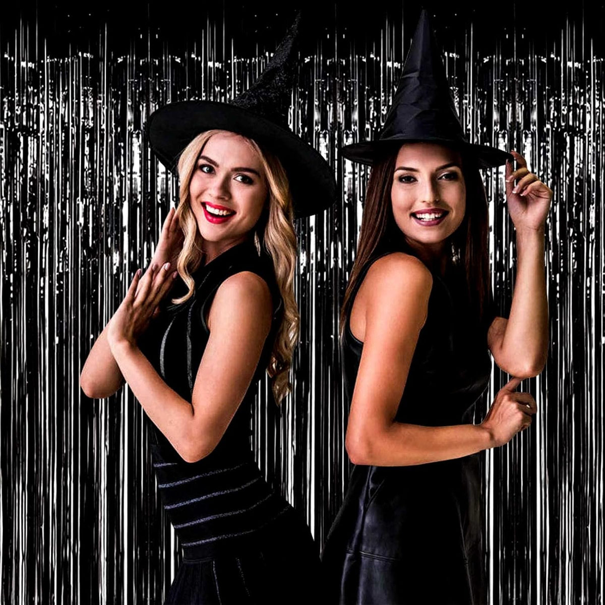 4 Pack Black Foil Fringe Curtain Backdrop, 3.28Ftx9.84Ft Metallic Tinsel Foil Fringe Streamers