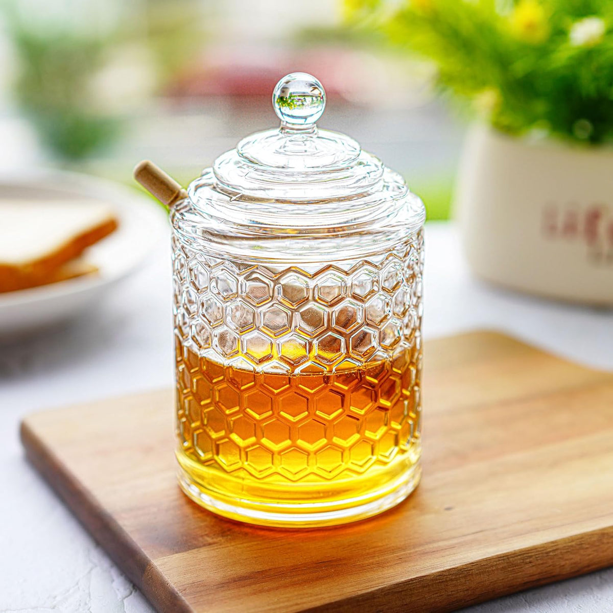 kanpura Clear Crystal Honey Pot with Dipper and Lid Glass Honey Jar with Dispenser Honey Holder and
