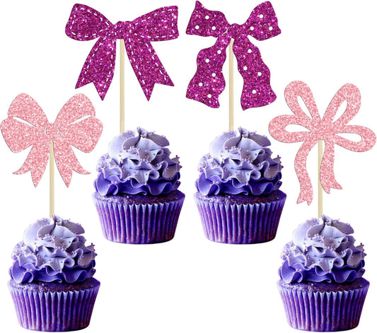 Ephlyn 24Pcs Pink Bow Cupcake Toppers Bow Birthday Cake Topper Girls Birthday Party Decorations