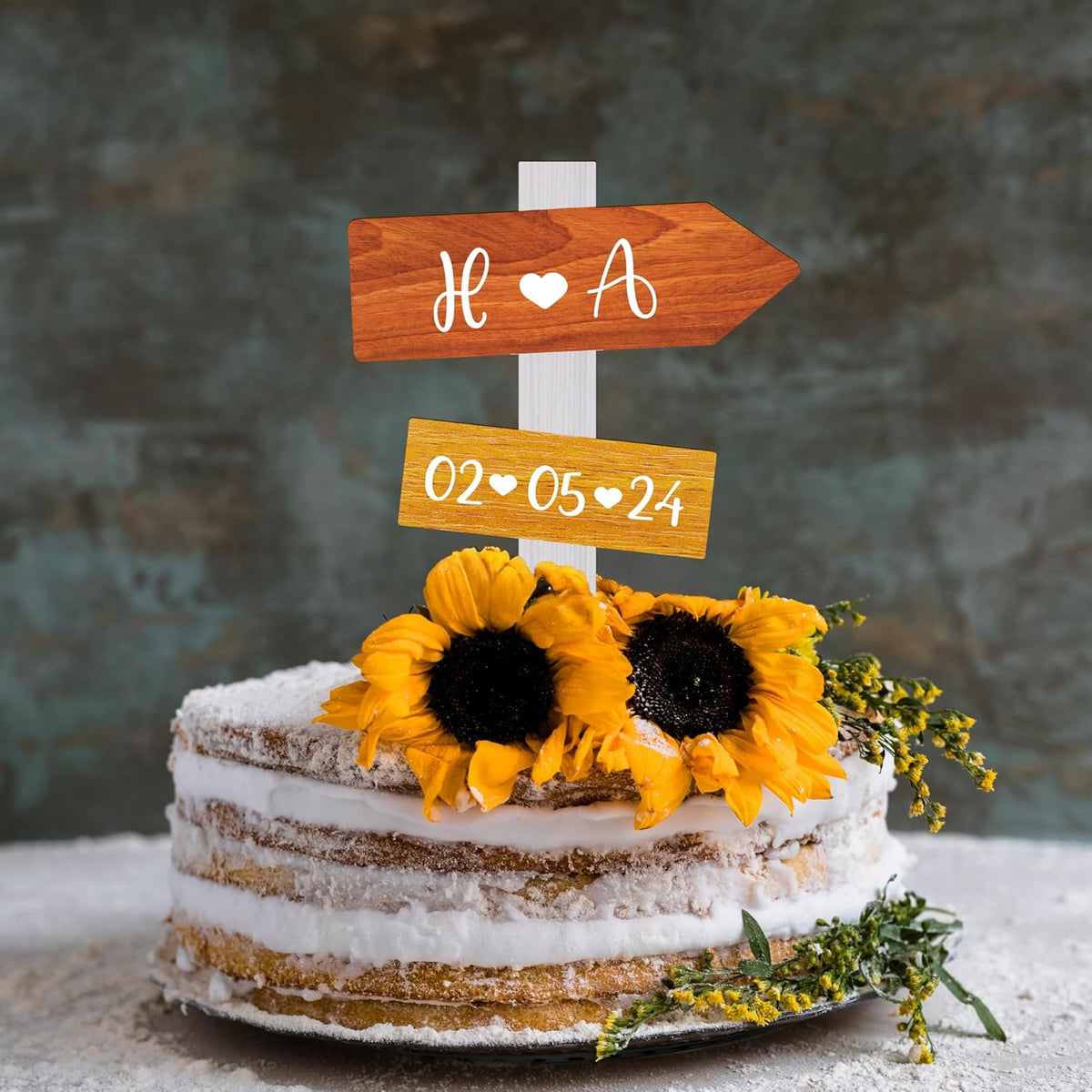 Personalized Rustic Fall Wedding Cake Topper in Wood Custom Bride & Groom Names Initials Wedding