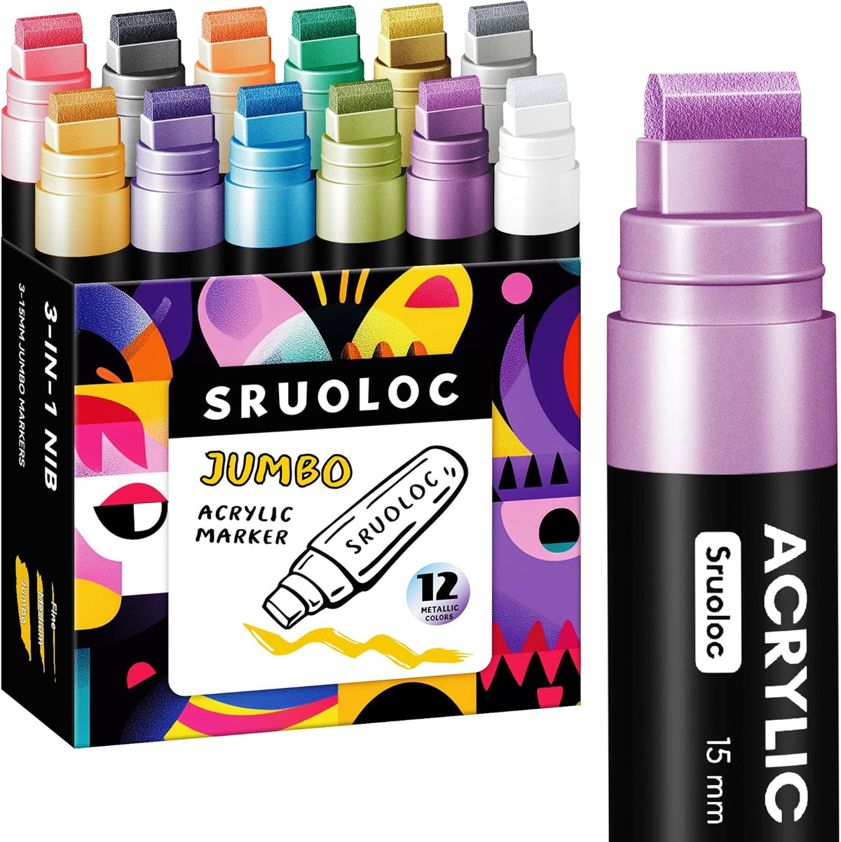 12 Metallic Colors Jumbo Markers, 15mm Jumbo Felt Tip, Acrylic Paint Markers for Rock Painting