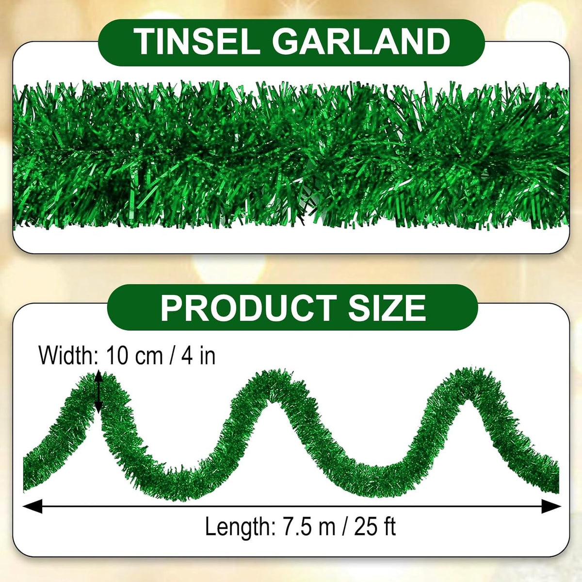 25 Feet Green Christmas Tinsel Garland, Metallic Foil Twist Garland Wall Hanging Tinsel Banner