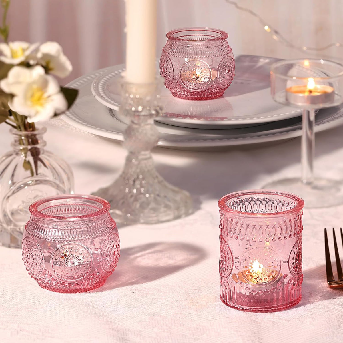 DARJEN 24Pcs Pink Votive Candle Holders- Glass Candle Holders Bulk for Flameless LED Tea Waxes