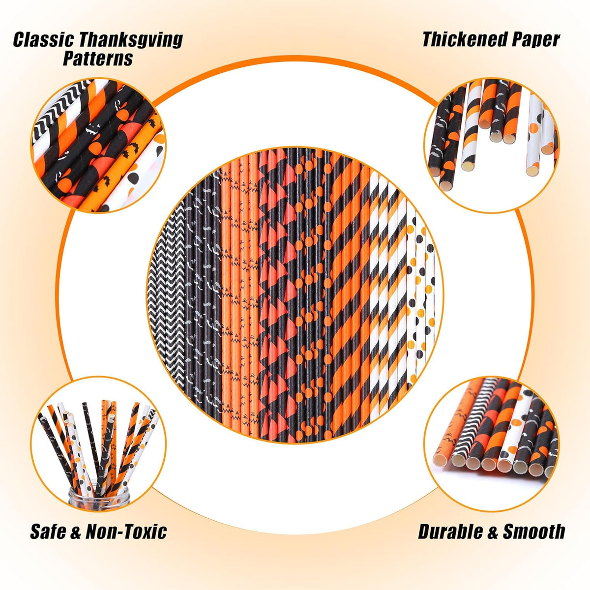 Cooraby 200 Pieces Halloween Paper Straws Pumpkin Bat Spider Web Pattern Straws Black Orange