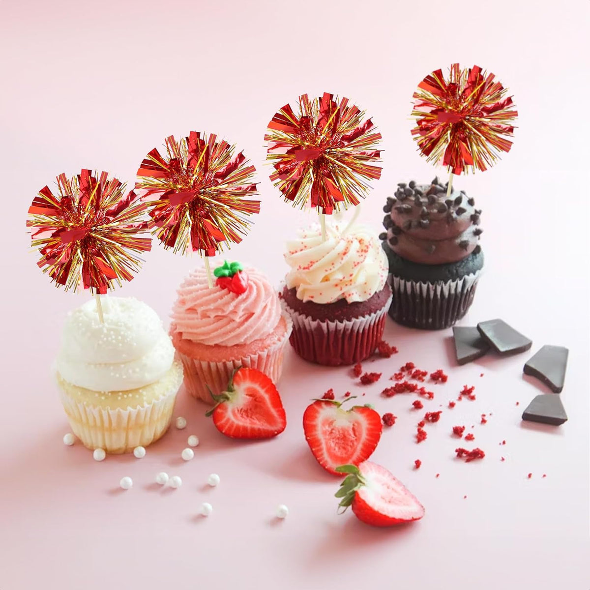 Ephlyn 30Pcs Foil Firework Cupcake Toppers Sparkle Tinsel Drink Birthday Cake Decorations Cocktail