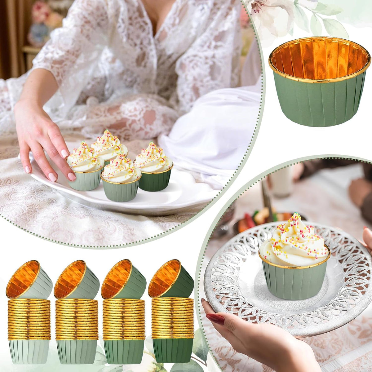 Geiserailie 100 Pcs Sage Green Cupcake Liners Gradient Green Cupcake Foil Wrappers Snack Bowls for