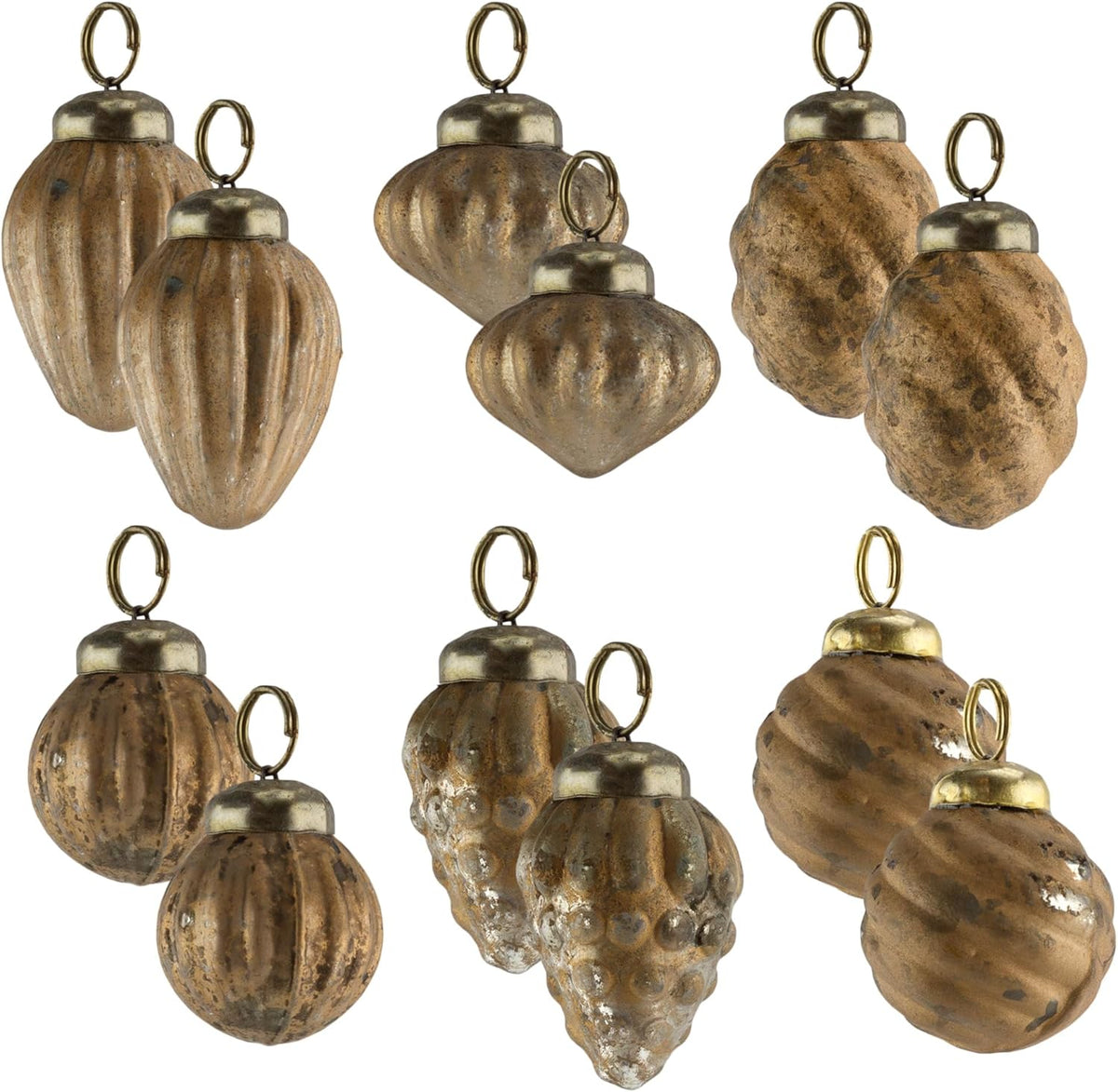 AuldHome Mercury Glass Finial Ornaments (Set of 12, Gold, Small); Distressed Metal Antique Style