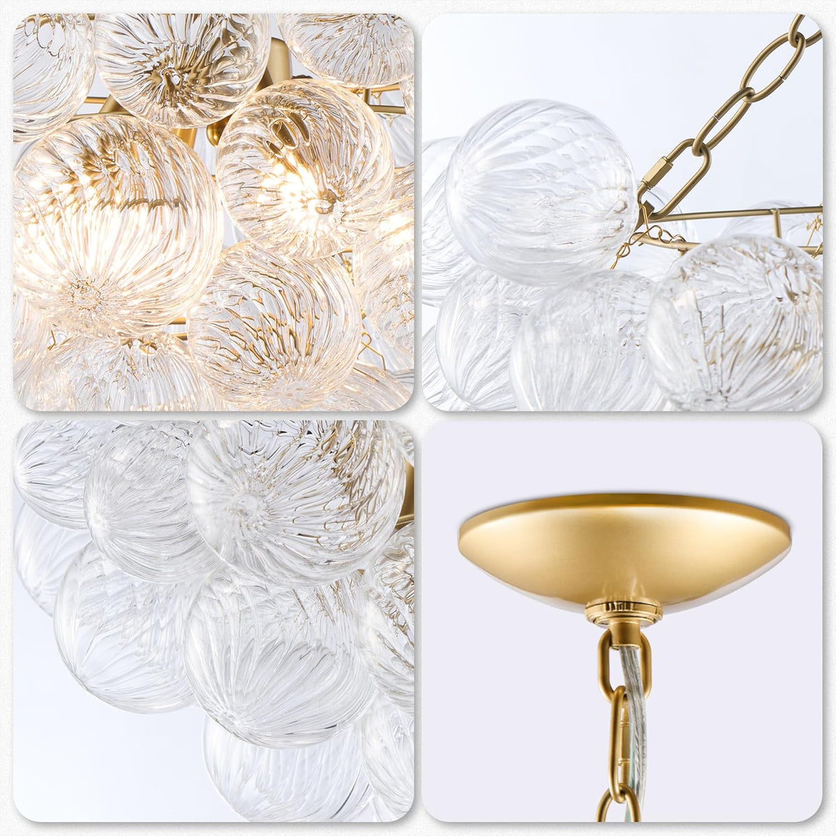 Nordic Bubble Ball Swirled Glass Chandelier, Diam 24 inch Gild Gold and Clear Blown Glass Hanging