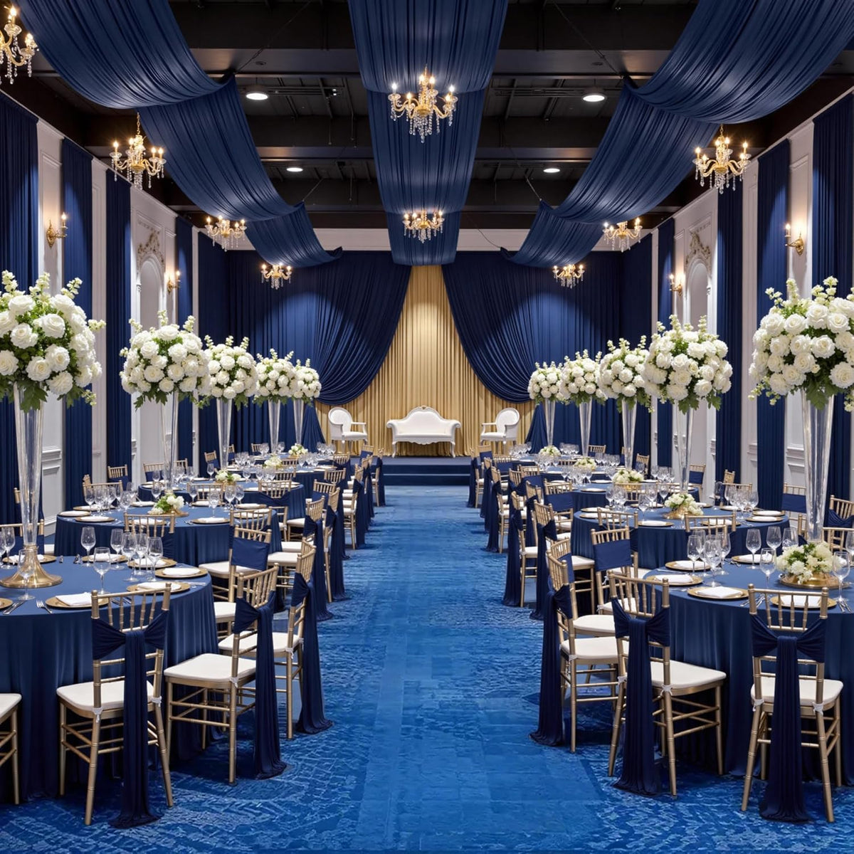 PartyVillage 2 Panels 5ftx30ft Navy Blue Ceiling Drapes for Wedding Parties – 30 FT Extra Long