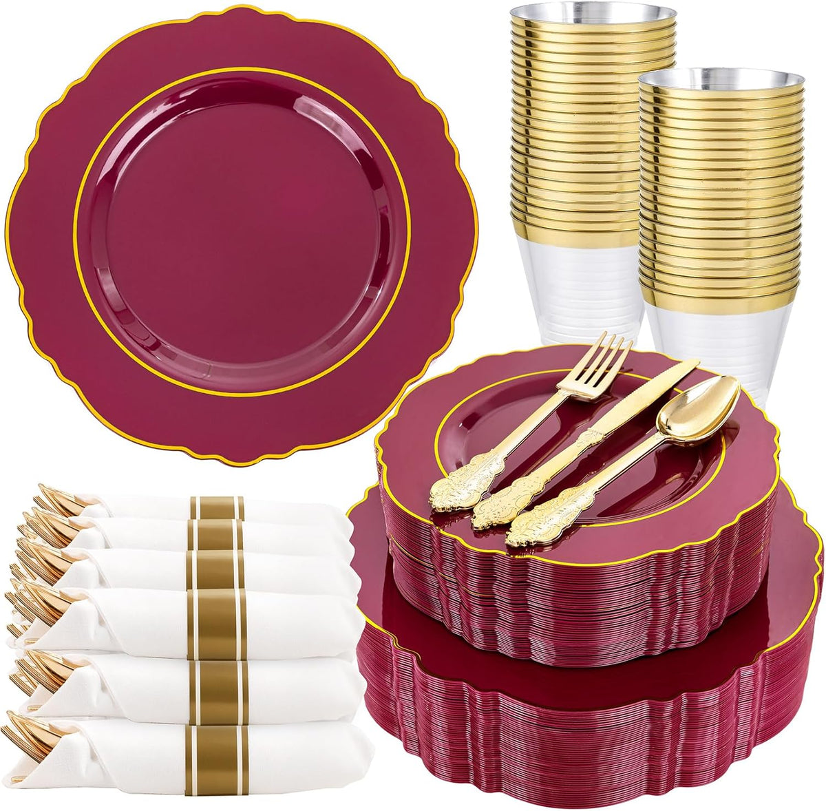 Liacere 350PCS Red Plastic Plates-Disposable Burgundy Red and Gold Plates 50guest Baroque Plastic
