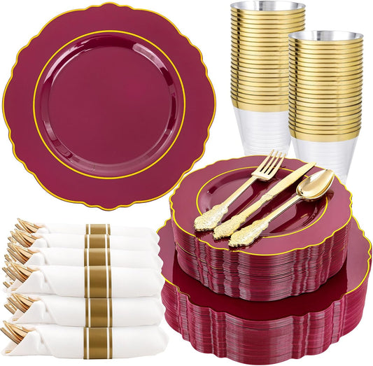 Liacere 350PCS Red Plastic Plates-Disposable Burgundy Red and Gold Plates 50guest Baroque Plastic