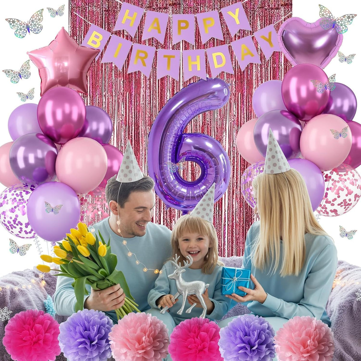 Pink Purple 6th Birthday Party Decorations for Girls Number 6 Balloon Happy Birthday Banner