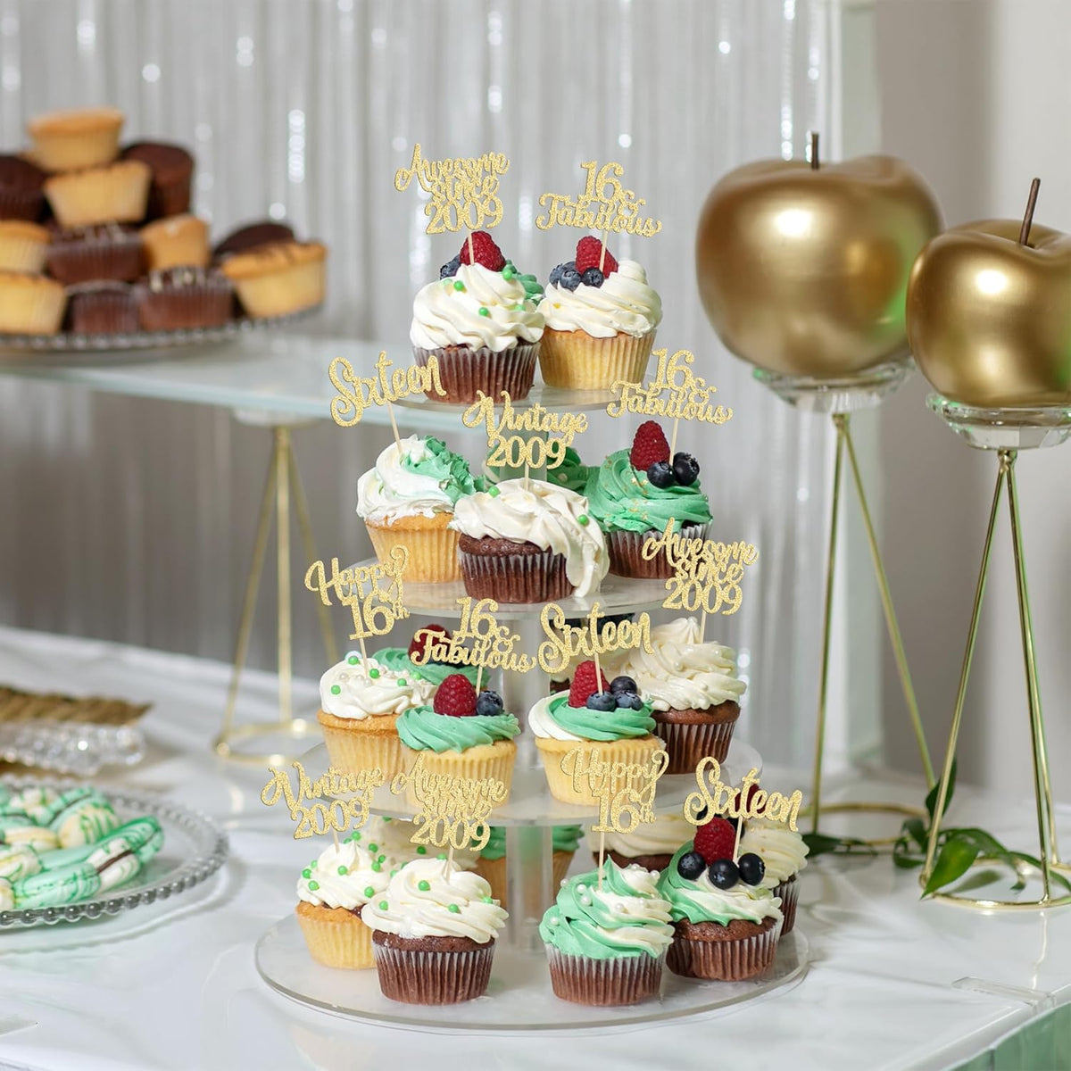 30Pcs Vintage 2009 Cupcake Toppers Glitter Sixteen Happy 16th Birthday 16 Fabulous Cupcake Picks