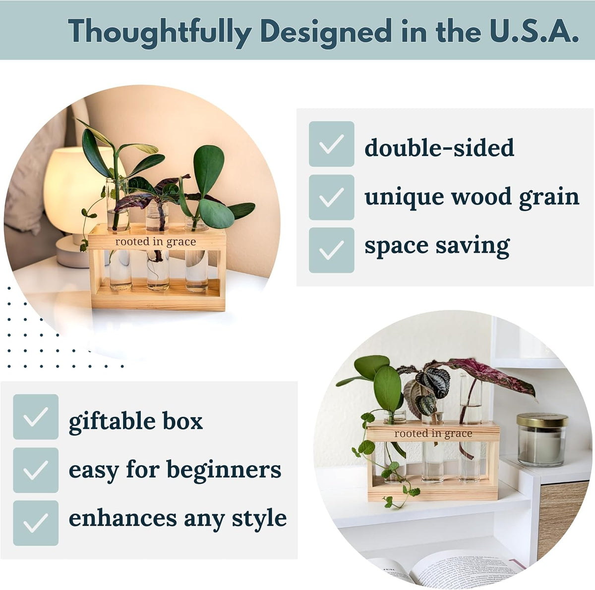 Rooted in Grace: Plant Propagation Stations: Plant Cutting Holder w/ 3 Glass Propagation Vases