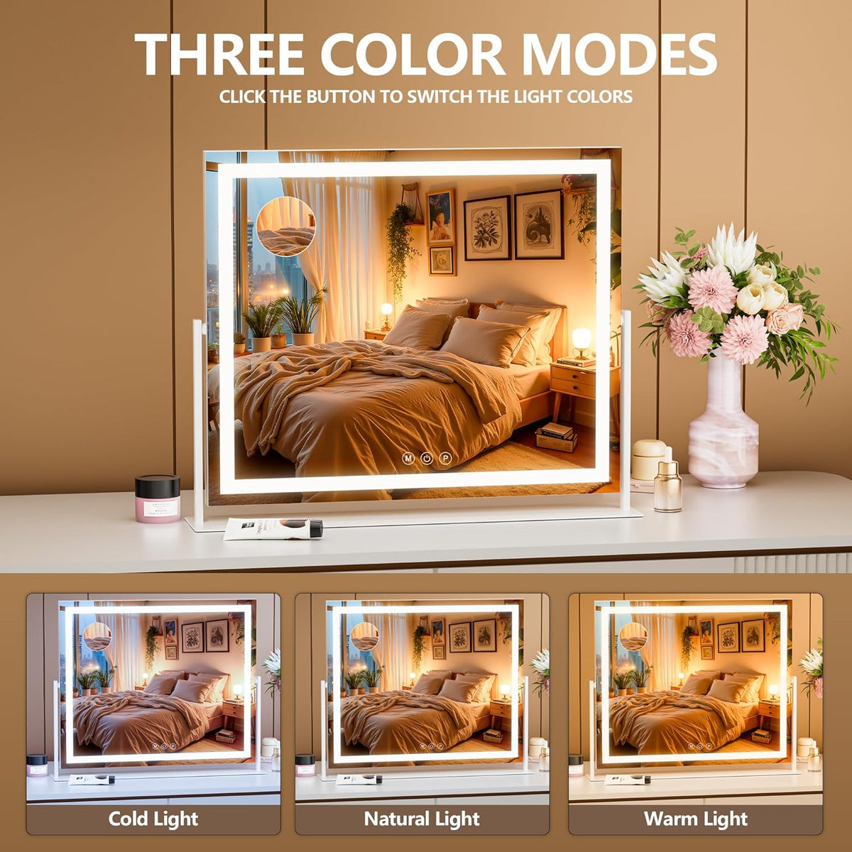 Vanity Mirror with Lights, 30'' x 22'' Lighted Makeup Mirror, Touch Screen with 3-Color Lighting