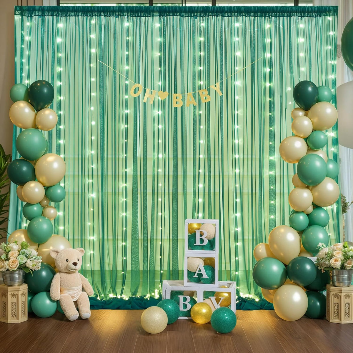 Hunter Green Tulle Backdrop Curtains with Lights String for Parites 10x8ft Sheer Backdrop Curtains