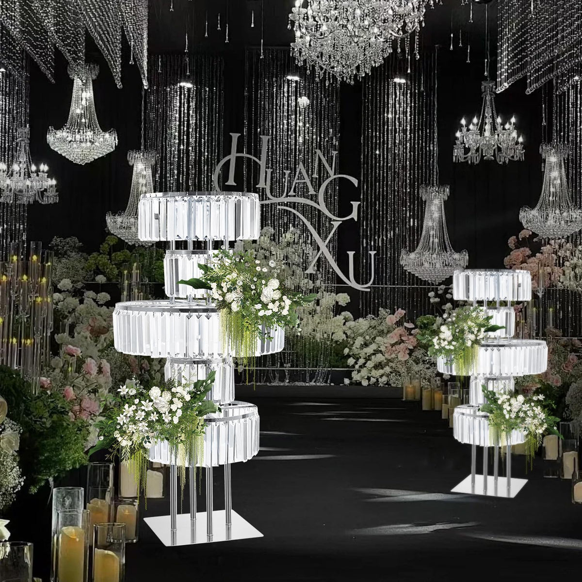 Silver Crystal Vases for Centerpieces, 47.2in Metal Pedestal Stands for Table Chandelier