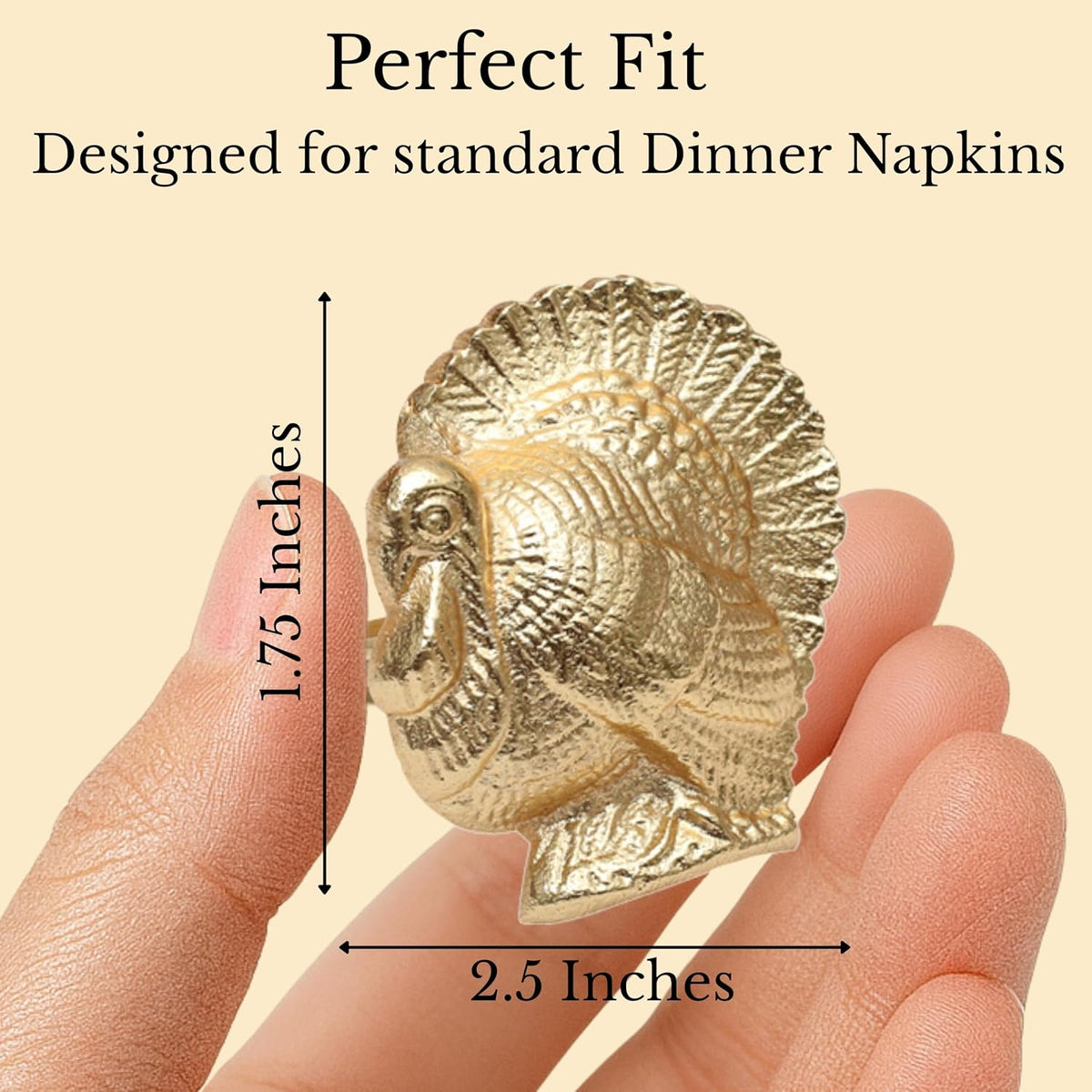 Gold Napkin Rings Set of 12 - Turkey Bird Stylish Metal Lightweight Serviette Holders for Elegant
