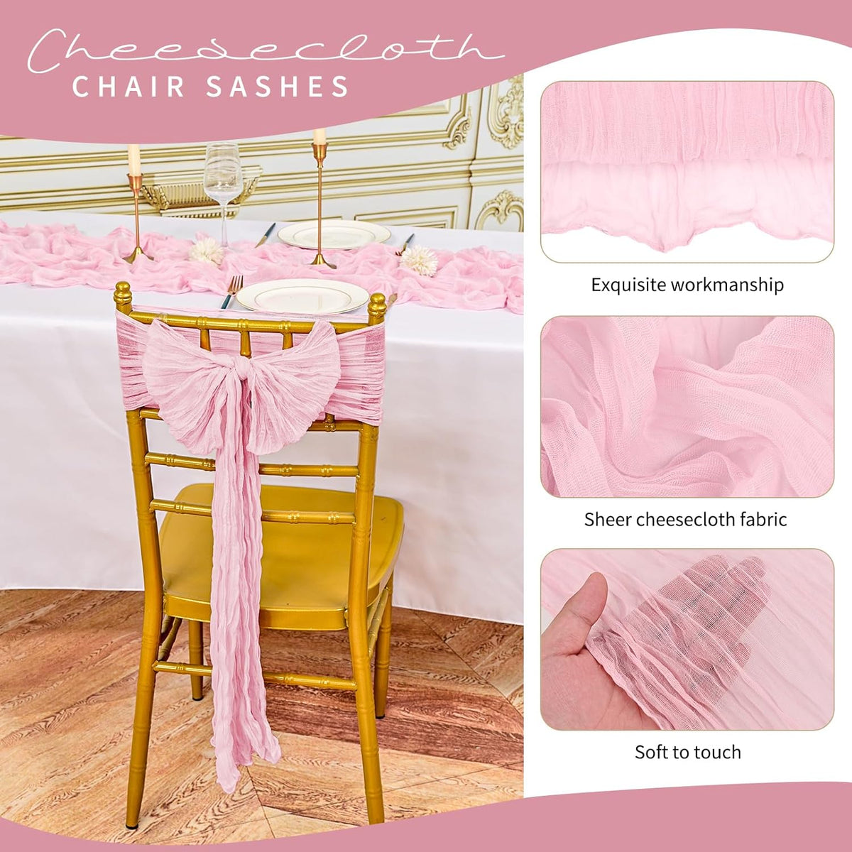 50 PCS Cheesecloth Chair Sashes, Bows Designed ChairSashes, 15.7x108 inch Chair Sashes for Aisle