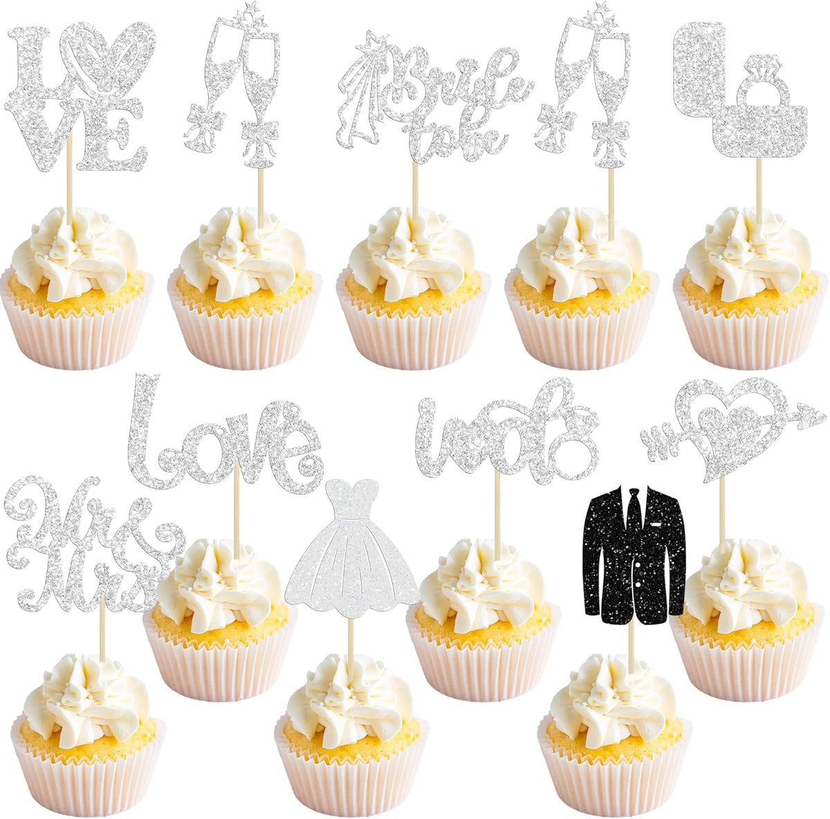 Ephlyn 30Pcs Bride to be Cupcake Toppers Glitter Diamond Ring Love I Do Cupcake Picks for Miss to