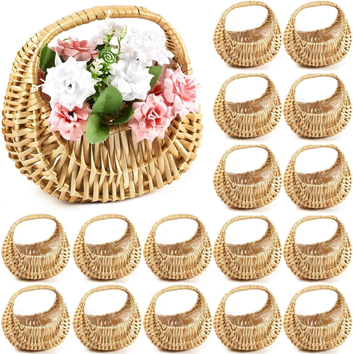 Taiyin 18 Pack Rattan Flower Girl Basket Small Half Moon Straw Wicker Basket with Handle Ideal for